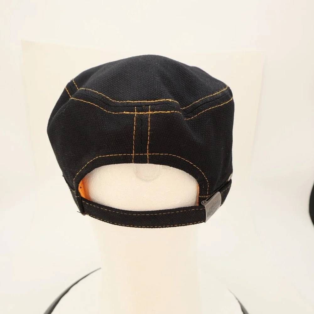 Harley Davidson Mens Black Canvas Military Cadet Hat Orange Contrast Stitching